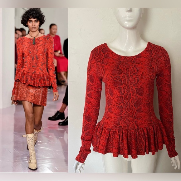 LUXE CHLOE RED SNAKE ANIMAL PRINT KNIT PEPLUM TOP SHIRT SMALL - Picture 15 of 15